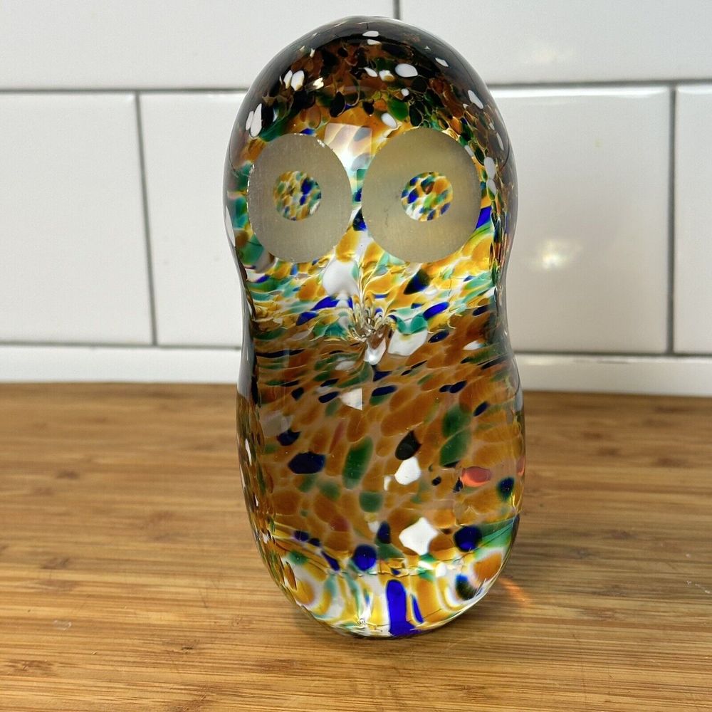 Art Glass Owl Hand Blown Paperweight Figurine Multicolored